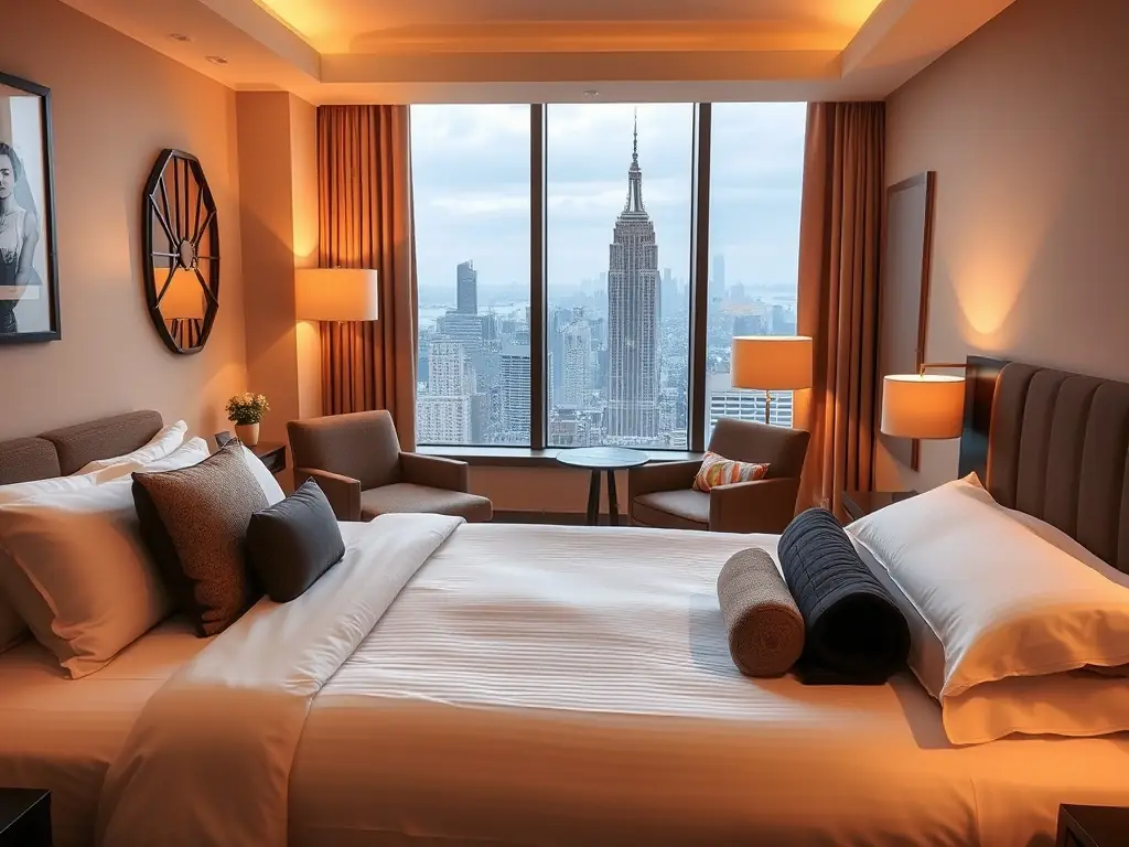 A luxurious hotel room featuring a perfectly made bed with high-quality linens and pillows, highlighting the comfort and elegance that Jordan Mattress products bring to the hospitality industry.